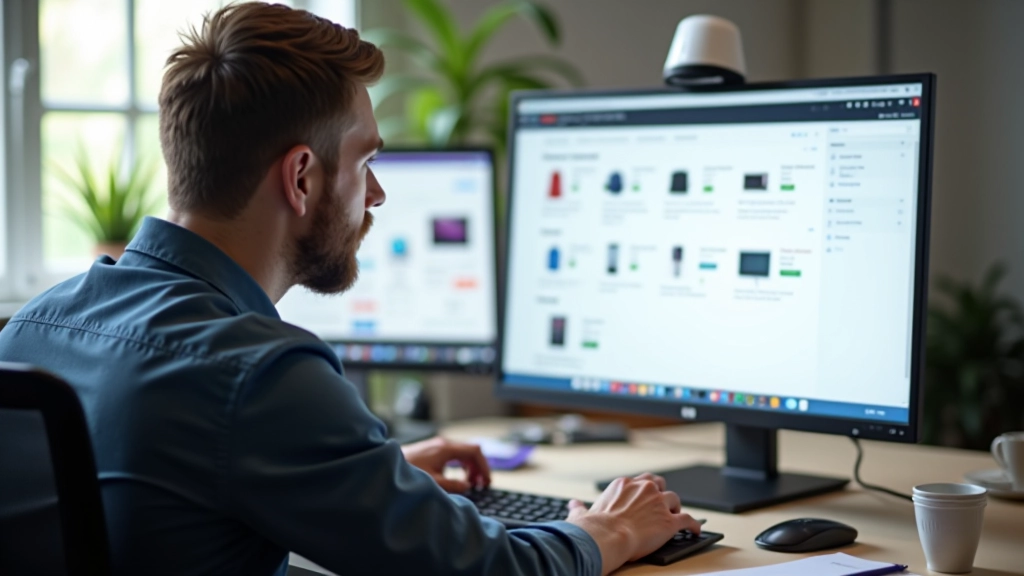 Laptop scherm met e-commerce productlisting en gedetailleerde productbeschrijving zichtbaar