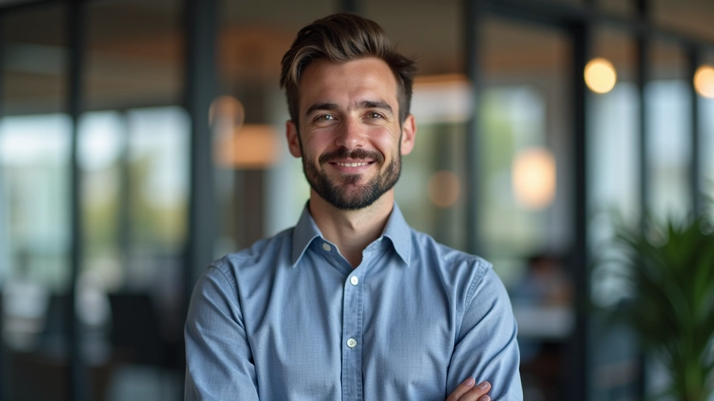 Mannelijke webshop ontwerper, portretfoto van bovenaf gezien, moderne kantooromgeving met design tools