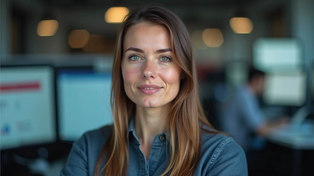 Vrouwelijke developer, portretfoto met rust en zelfvertrouwen, tech kantoor achtergrond, heldere verlichting