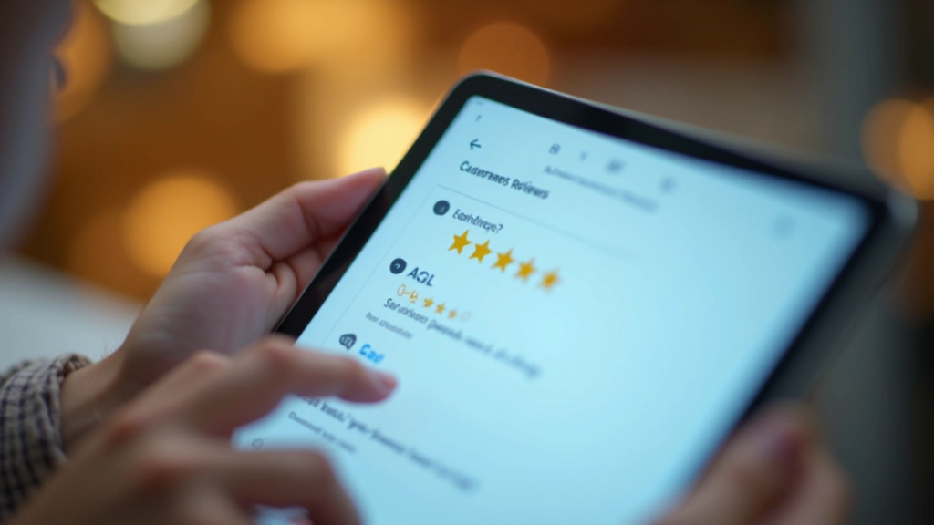 Tablet scherm met product review sterren en klantbeoordelingen zichtbaar