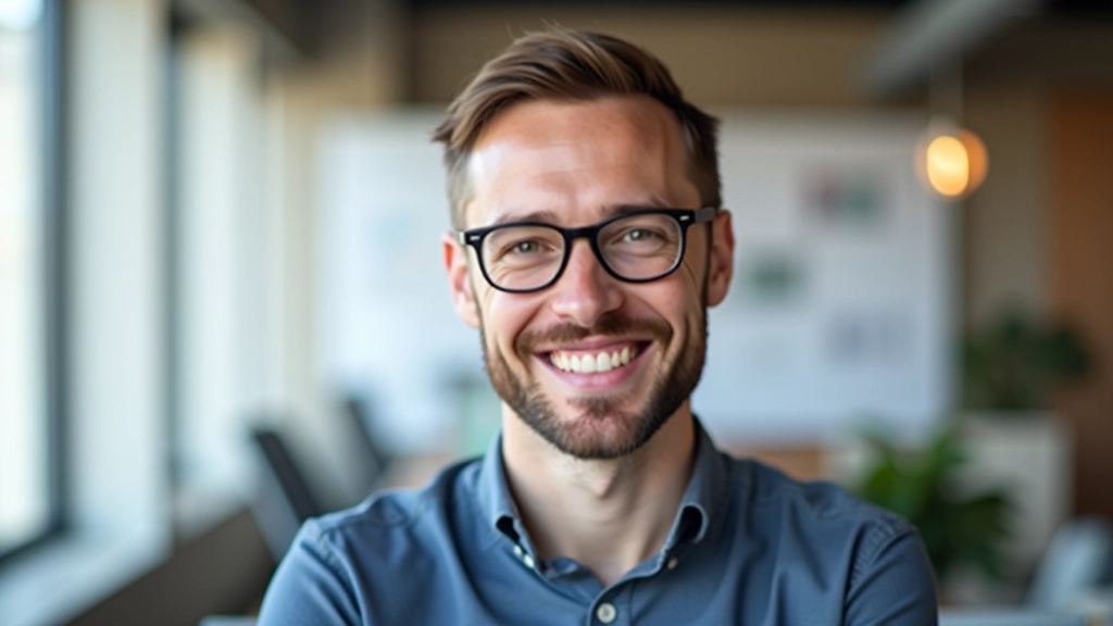Mannelijke UX specialist, portretfoto in professionele kledij, kantoor met design mockups, felle verlichting